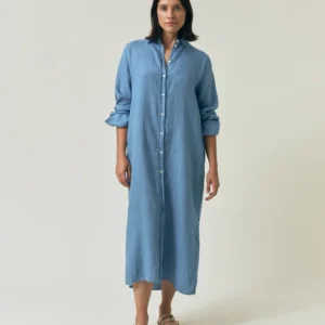 Lexington Long Linen Shirt Dress Blue