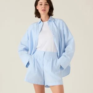 Lexington Org Cotton Poplin Shorts Blue MultiStrip