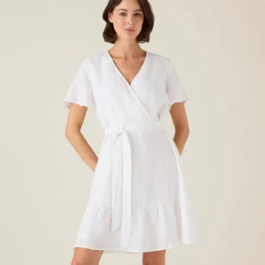 Lexington Belted Linen V-Neck Dress White