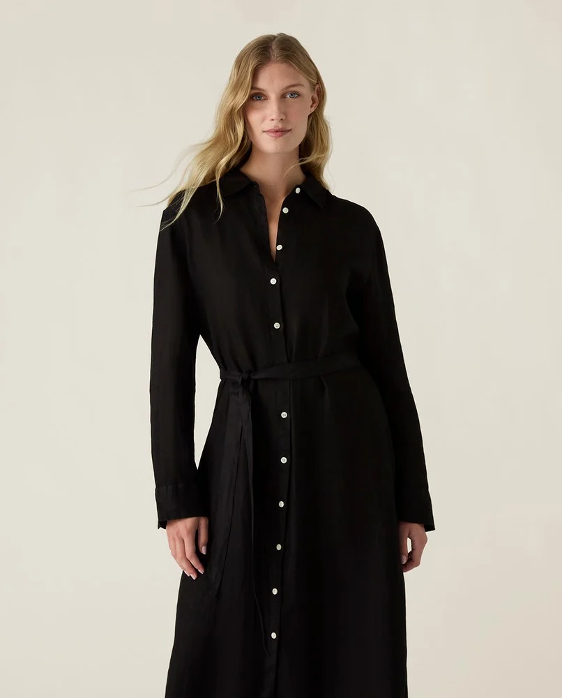 Lexington Long Linen Shirt Dress Black